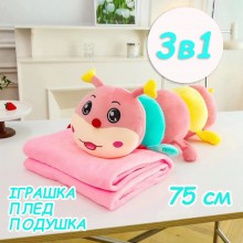 Мягкая игрушка трансформер 3 в 1 плед-подушка для детей гусеница 75 см розовый (kt-27867)